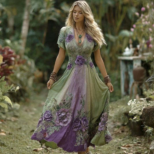 Vintage Gradient Purple Floral Embroidered Linen Short Sleeve Maxi Dress artswardrobe