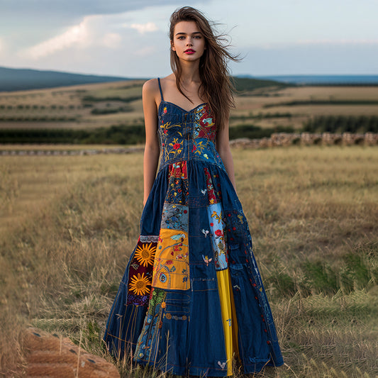 Women's Retro Ethnic Floral Stitching Denim Suspender Dress artswardrobe