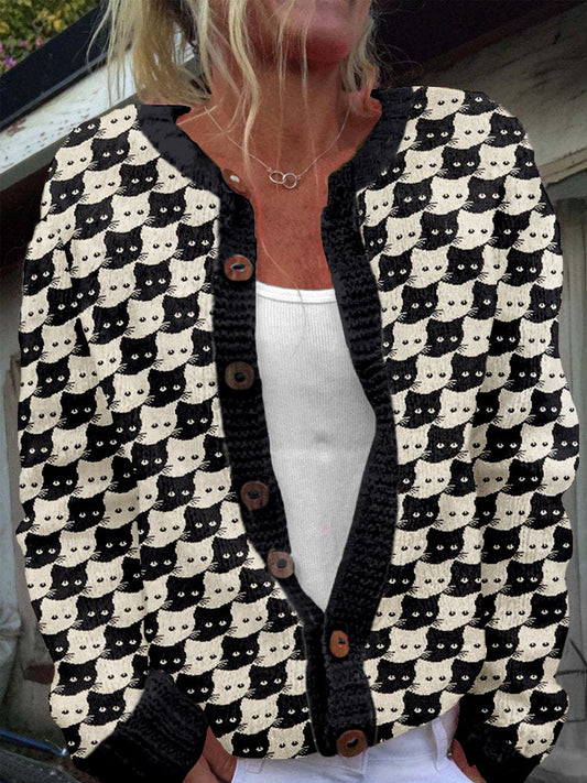 Lovely Cats Knit Art Crew Neck Cozy Cardigan elevenforest