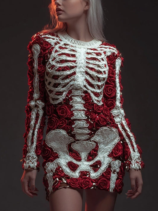 Vintage Skeleton Red Roses Art Cozy Sweater Mini Dress artswardrobe