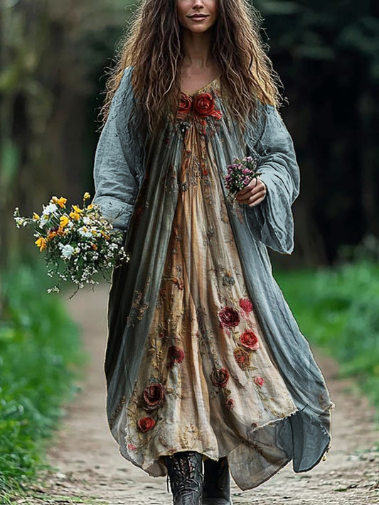 Vintage Roses Floral Flowy Linen Blend Maxi Dress artswardrobe