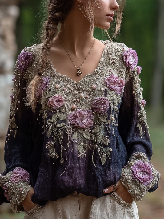 Comstylish Bohemian Style Round Neck Long Sleeve 3d Purple Flower Design Cotton And Linen Top For Women