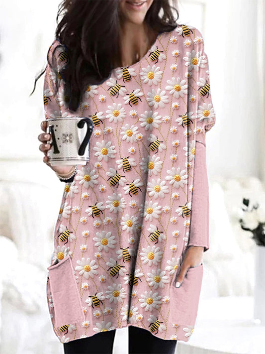 Bee & Daisy Embroidery Art Casual Cozy Long T-Shirt artswardrobe