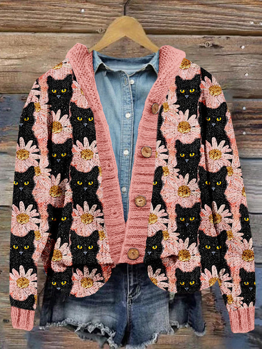 Gold Glitter Black Cat Art Cozy Hooded Cardigan elevenforest