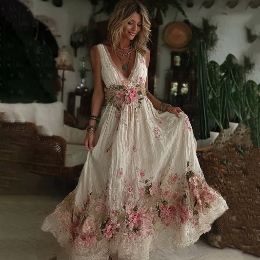 Vintage Floral Art Embroidered Linen Sleeveless Maxi Dress artswardrobe