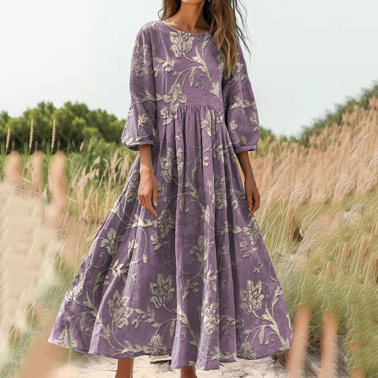 Vintage Floral Print Casual Midi Dress artswardrobe