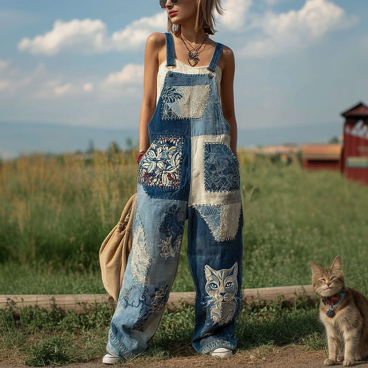 Comstylish Japanese Art Style Cat And Plant Flower Pattern Embroidery Women's Cotton And Linen Overalls