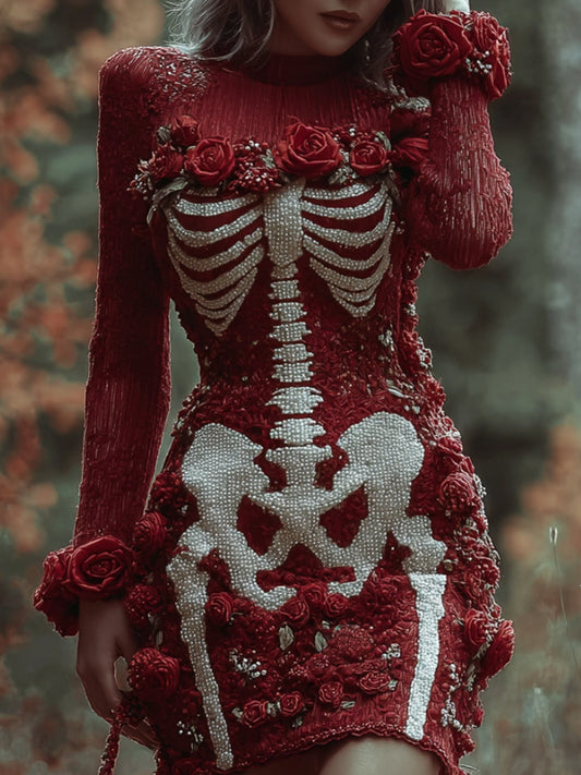 Comstylish Women's Halloween Skeleton Rose Knitted Lace Dress