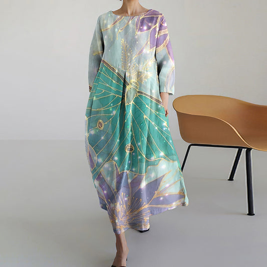 Comstylish Japanese Art Butterfly Print Loose Midi Dress