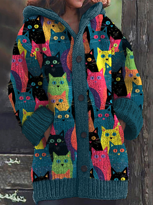 Colorful Cat Pattern Cozy Hooded Cardigan artswardrobe