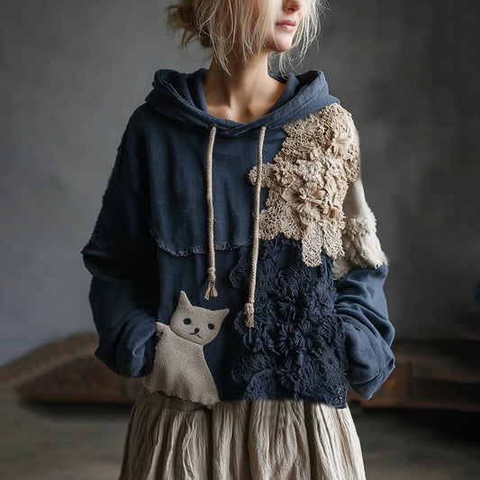 Comstylish Vintage Boho Floral And Cute Cat Embroidered Patchwork Casual Hoodie
