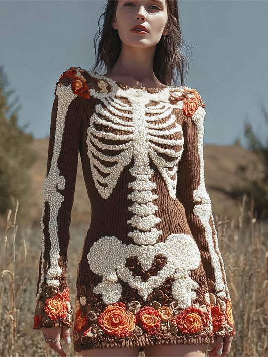 Comstylish Halloween Skeleton & Floral Art Women's Knit Mini Dress
