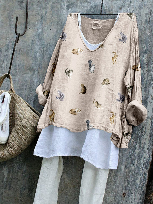 Cute Cats Pattern Long Sleeve Cozy Flowy Tunic elevenforest