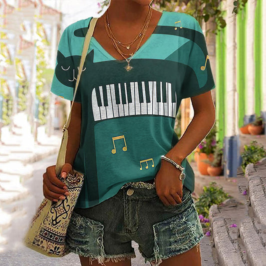 Casual Piano Cat Animal Print Women's T-Shirt elevenforest