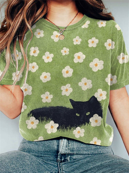 Black Cat In Daisies Meadow Print T-Shirt elevenforest