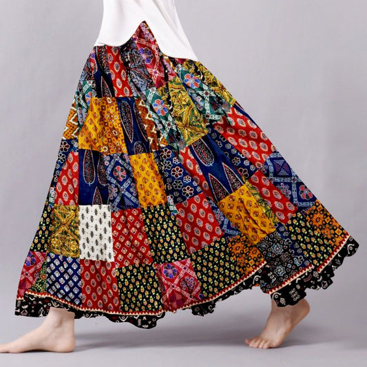 Boho Patchwork Flowy Linen Blend Wide Skirt artswardrobe