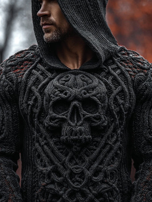 Men's Vintage Skull Celtic Chunky Cozy Hooded Sweater elevenforest