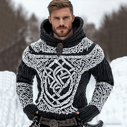 Men's Viking Tribal Jacquard Celtic Inspired Knit Hooded Sweater elevenforest