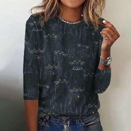 Funny Black Cat Print Women's T-Shirt elevenforest