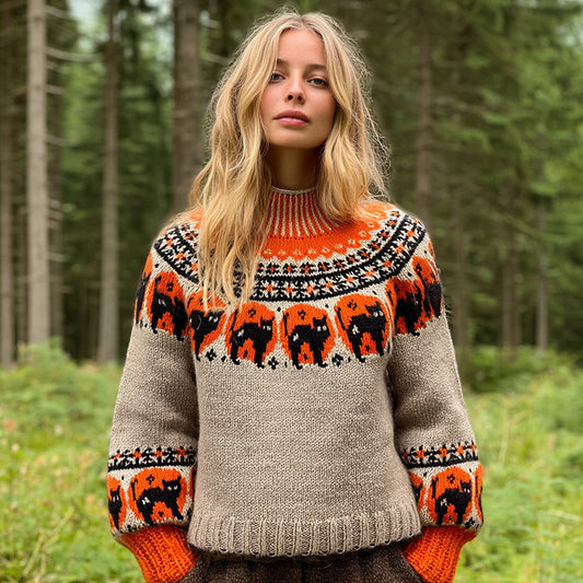 Comstylish Vintage Fairman Island Frightened Black Cat Crew Neck Sweater