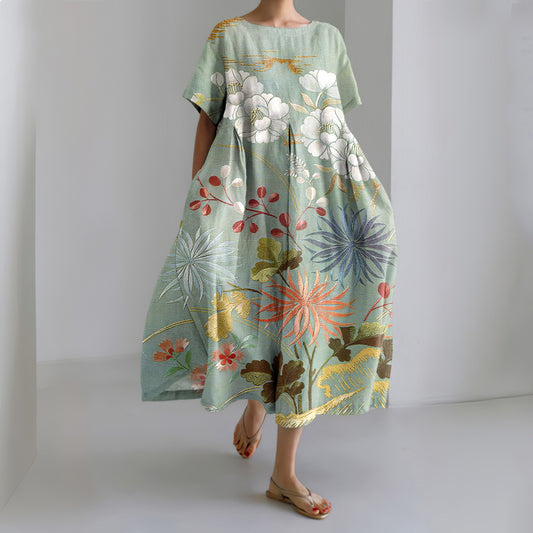 Comstylish Japanese Art Flower Print Short Sleeve Loose Casual Midi Dress
