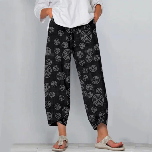 Comstylish Vintage Japanese Pattern Linen Cropped Casual Pants