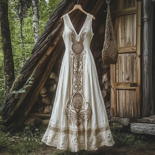 Women's Vintage Viking Celtic Rune Print Cotton And Linen Sleeveless Dress artswardrobe