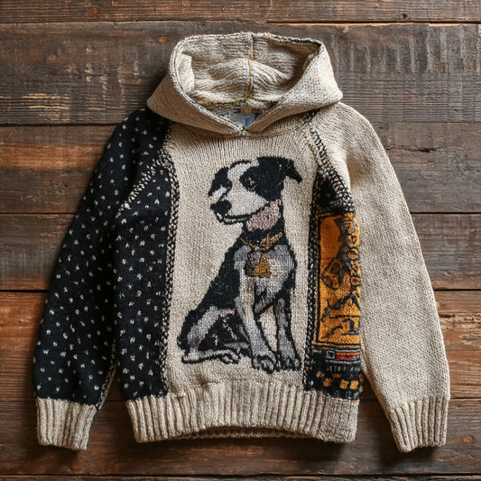 Vintage Border Collie Dog Pattern Patchwork Polka Dot Embroidery Hooded Sweater artswardrobe