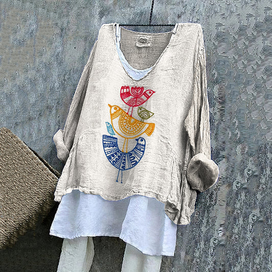 Women's Vintage Bird Embroidery Art Linen V-neck Shirt artswardrobe