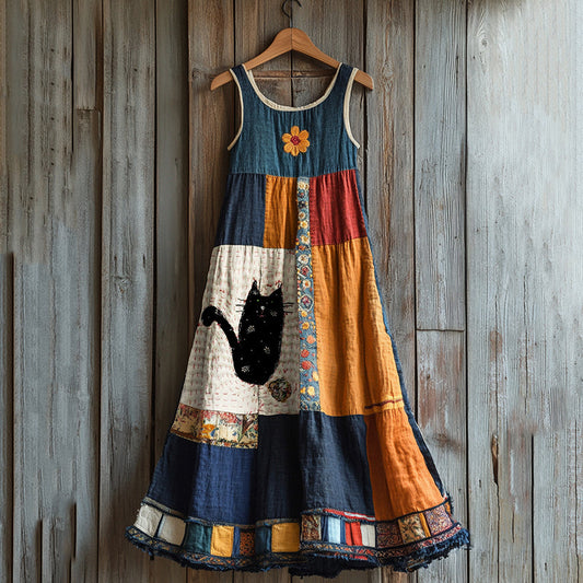 Sashiko Cute Cat Floral Pattern Patchwork Midi Dress elevenforest