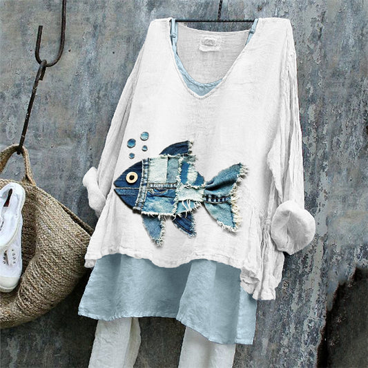 Comstylish Fish & Bubbles Denim Textile Art Linen Tunic