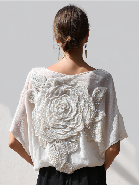 Bohemian Style Woman's V-neck White Rose Short-sleeved Shirt artswardrobe
