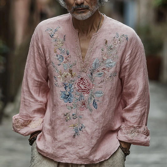 Men's Vintage Floral Embroidery Linen Shirt artswardrobe