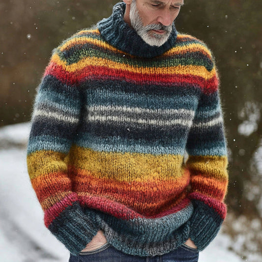 Men's Vintage Rainbow Stripe Knit Jacquard Fairman Island Jacquard Thick Warm Turtle Neck Sweater artswardrobe