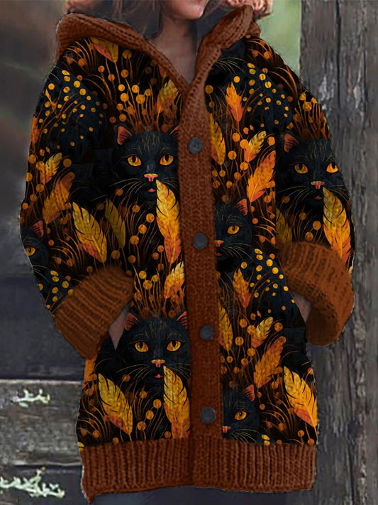 Colorful Cat Pattern Cozy Hooded Cardigan artswardrobe