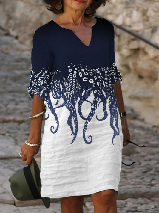 Comstylish Japanese Art Ocean Octopus Print Cotton Blend Dress