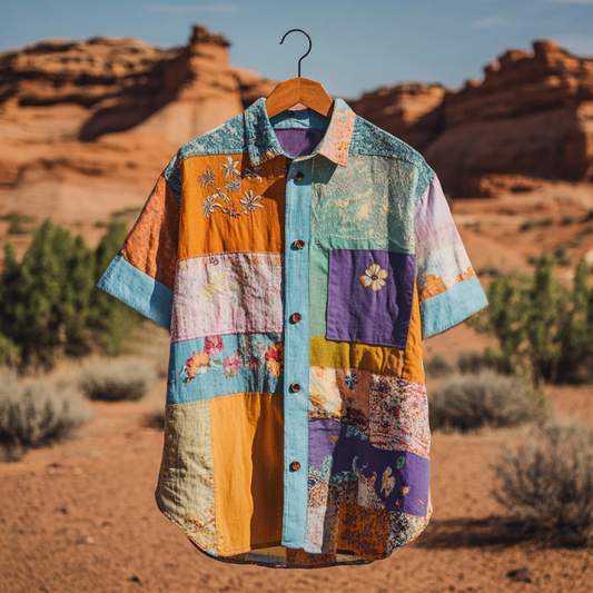 Men's Loose Floral Applique Patchwork Art Casual Short Sleeve Shirts artswardrobe