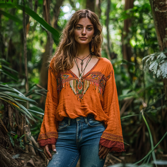 Comstylish Retro Floral Tribal Embroidery Art Cotton And Linen Blend Loose Blouse
