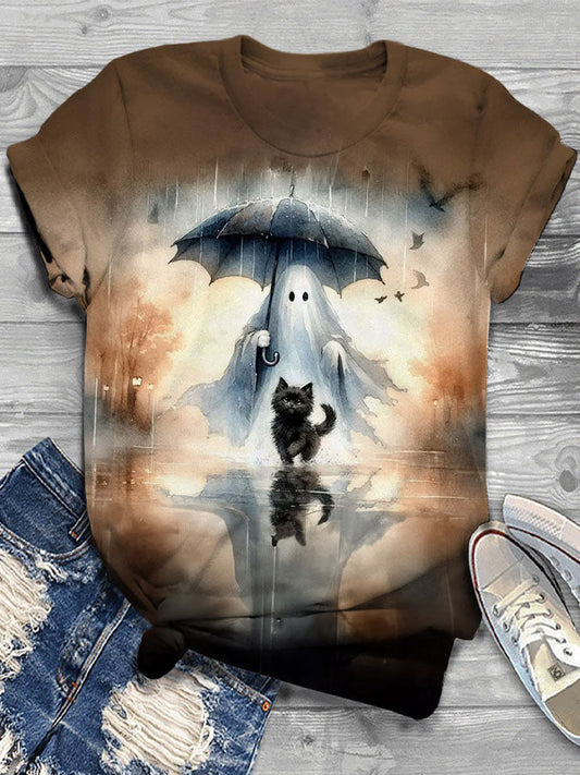 Women's Halloween Cat Print Casual T-Shirt elevenforest