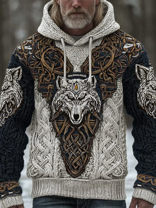 Men's Hooded Thick Sweater With Viking Style Tribal Totem And Wolf Totem Patterns artswardrobe