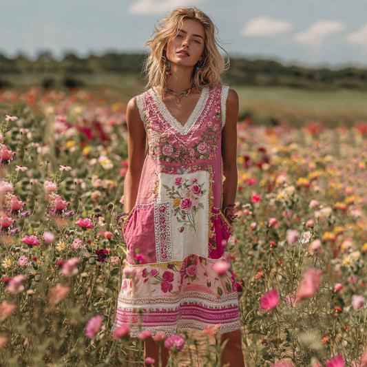 Women's Embroidered Rose Patchwork Midi Dress artswardrobe