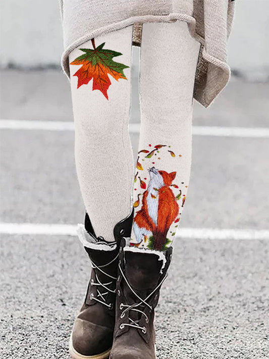 Fox & Maple Leaf Embroidery Art Comfy Leggings artswardrobe