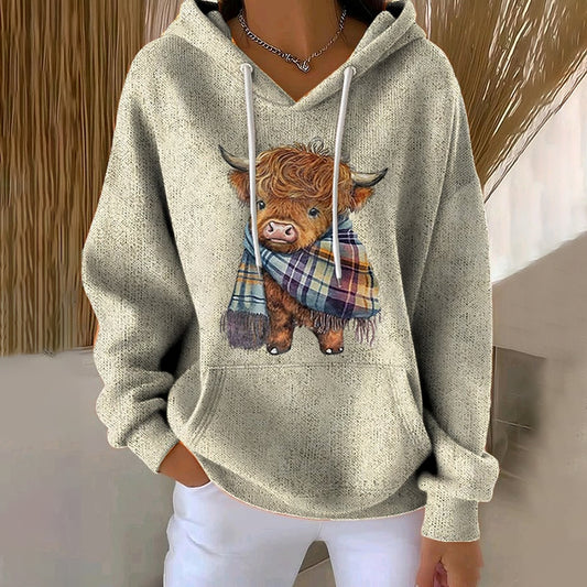 Women's Vintage Highland Cow Print Long Sleeve Casual Hoodie artswardrobe