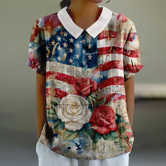 Comstylish Women's Independence Day Retro Art Print Casual Cotton Linen Shirt