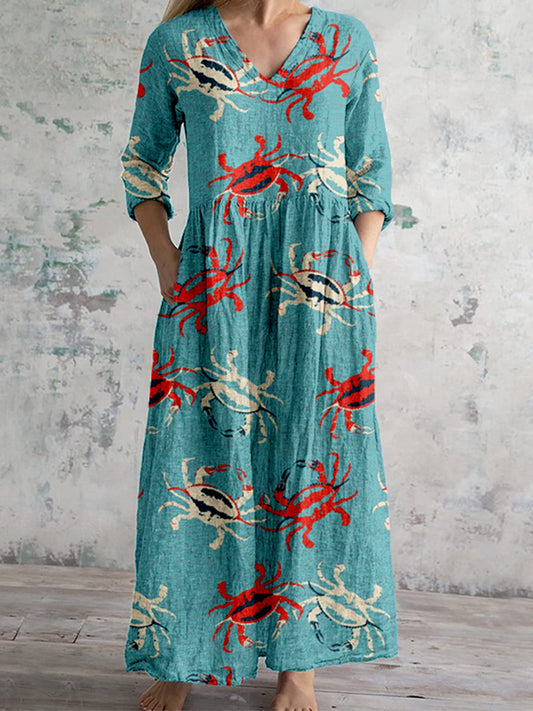 Comstylish Vintage Crabs Art Pattern Linen Blend Maxi Dress