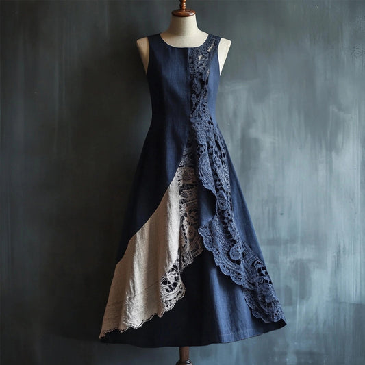 Elegant Lace Patchwork Linen Tank Maxi Dress artswardrobe