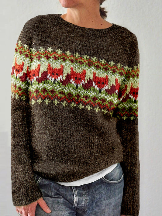 Cute Fox Pattern Crew Neck Comfy Sweater artswardrobe