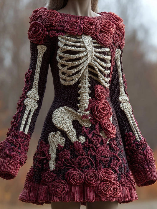 Vintage Skeleton Roses Crew Neck Cozy Sweater Dress artswardrobe