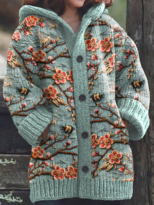 Bee Floral Embroidery Pattern Cozy Knit Hooded Cardigan artswardrobe