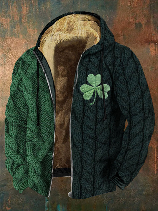 Men's Shamrock Embroidered Jacquard Cozy Full Zip Casual Hoodie artswardrobe